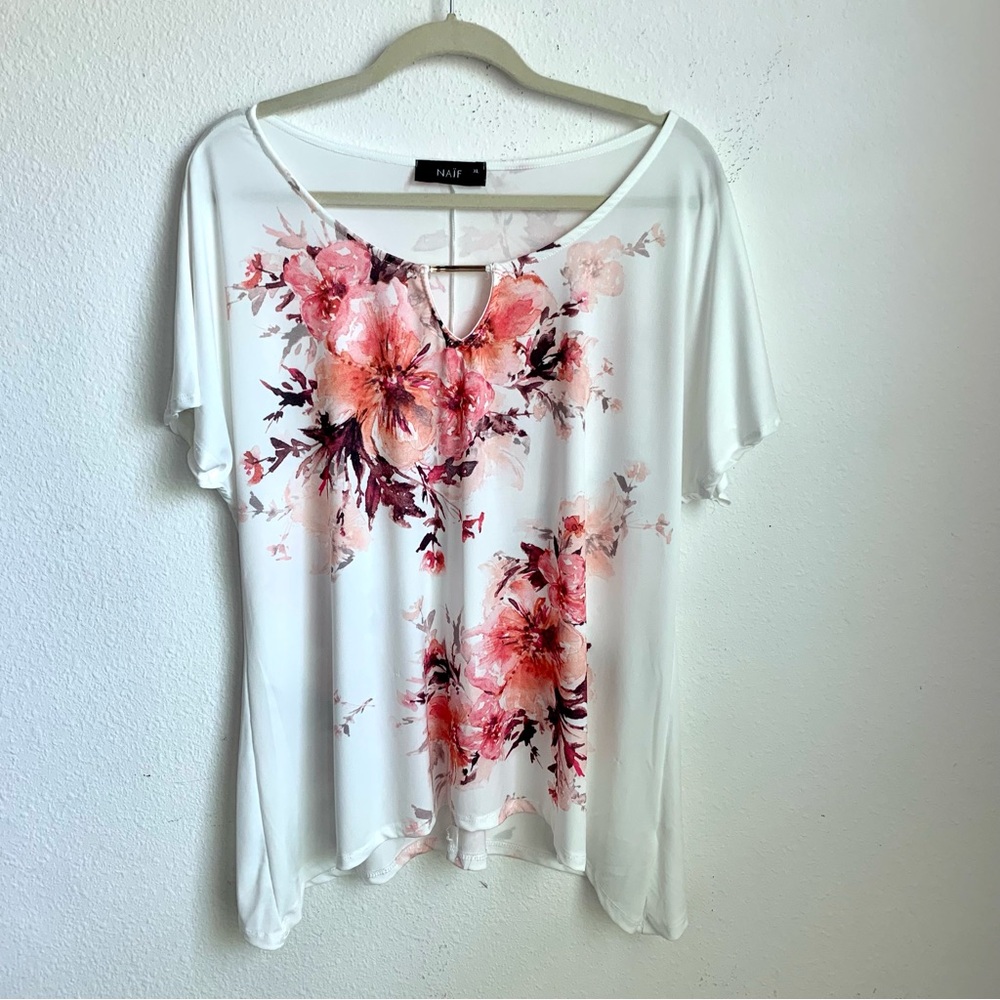 Naïf White and Pink Floral Blouse With Metal Accent XL